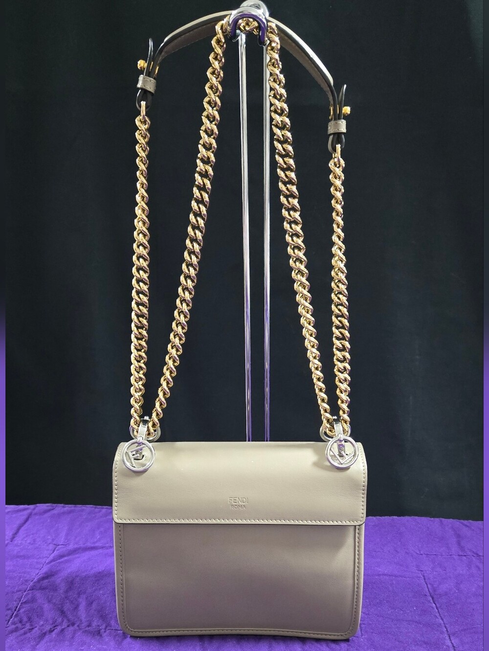 EUC Fendi FF Kan Taupe Shoulder Bag With Gold-Silver Hardware - Picture 2 of 16
